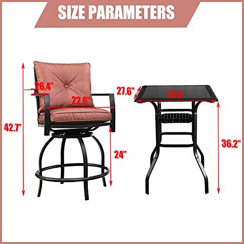 LOKATSE HOME 3 Piece Outdoor Patio Bistro Swivel Bar Sets with 2 Stools and 1 Glass Top Table, Chair, Red