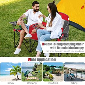 Tangkula Loveseat Camping Chair with Adjustable Shade Canopy, Portable Beach Chair with Cooler Bag, 2 Cup Holders, Carrying Bag, Foldable Double Lawn Chair for Travel, Fishing, Picnic (Red)