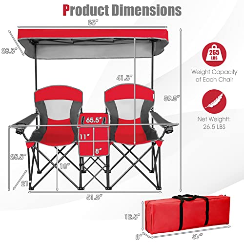 Tangkula Loveseat Camping Chair with Adjustable Shade Canopy, Portable Beach Chair with Cooler Bag, 2 Cup Holders, Carrying Bag, Foldable Double Lawn Chair for Travel, Fishing, Picnic (Red)