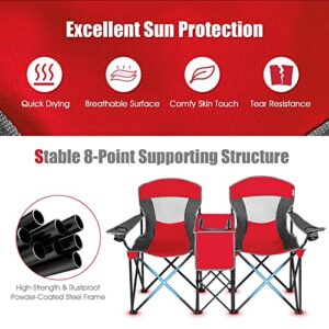 Tangkula Loveseat Camping Chair with Adjustable Shade Canopy, Portable Beach Chair with Cooler Bag, 2 Cup Holders, Carrying Bag, Foldable Double Lawn Chair for Travel, Fishing, Picnic (Red)