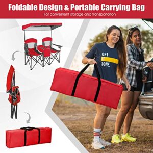 Tangkula Loveseat Camping Chair with Adjustable Shade Canopy, Portable Beach Chair with Cooler Bag, 2 Cup Holders, Carrying Bag, Foldable Double Lawn Chair for Travel, Fishing, Picnic (Red)