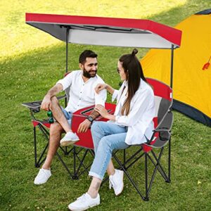 Tangkula Loveseat Camping Chair with Adjustable Shade Canopy, Portable Beach Chair with Cooler Bag, 2 Cup Holders, Carrying Bag, Foldable Double Lawn Chair for Travel, Fishing, Picnic (Red)