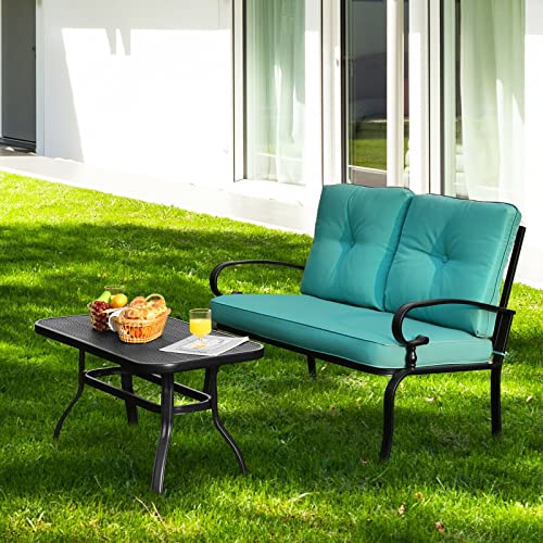 CXDTBH 2PCS Patio Loveseat Bench Table Furniture Set Cushioned Chair Turquois Loveseat Coffee Table