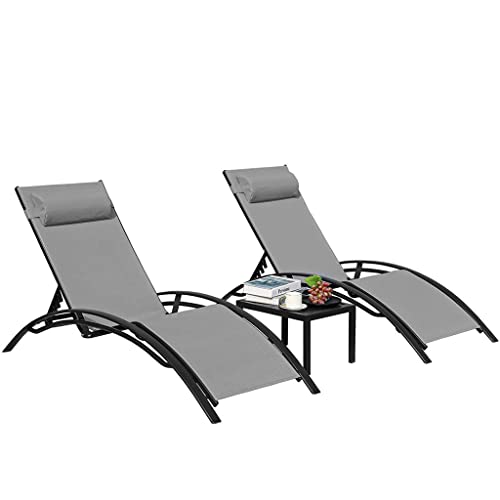 CXDTBH 3Pcs Sun Lounger Recliner Set Aluminum Chaise Lounges,Reclining Chair with 5 Adjustable Backrest, Head Cushion, Table for Garden