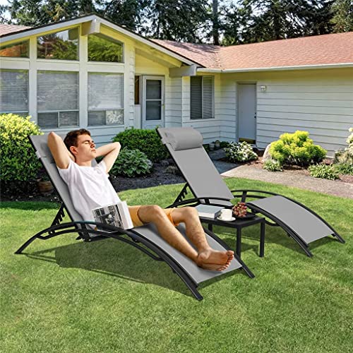 CXDTBH 3Pcs Sun Lounger Recliner Set Aluminum Chaise Lounges,Reclining Chair with 5 Adjustable Backrest, Head Cushion, Table for Garden