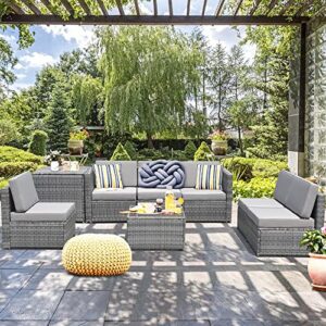 CXDTBH 8PCS Outdoor Wicker Rattan Furniture Set Cushioned Sectional Sofa Storage Table Corner Sofa