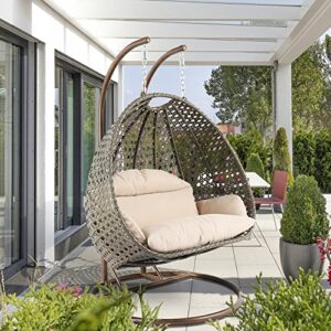 leisuremod beige 2 person hanging double swing chair, x-large wicker rattan egg chair with stand and cushion for indoor outdoor patio garden (beige)