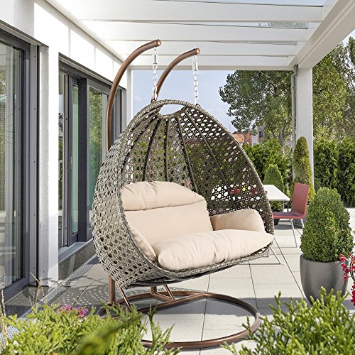 LeisureMod Beige 2 Person Hanging Double Swing Chair, X-Large Wicker Rattan Egg Chair with Stand and Cushion for Indoor Outdoor Patio Garden (Beige)