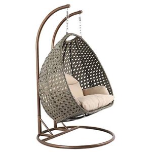 LeisureMod Beige 2 Person Hanging Double Swing Chair, X-Large Wicker Rattan Egg Chair with Stand and Cushion for Indoor Outdoor Patio Garden (Beige)