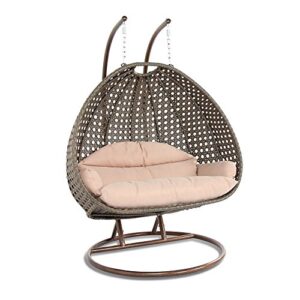 LeisureMod Beige 2 Person Hanging Double Swing Chair, X-Large Wicker Rattan Egg Chair with Stand and Cushion for Indoor Outdoor Patio Garden (Beige)