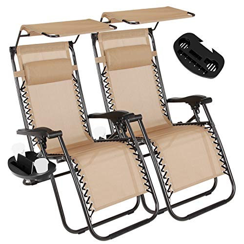 Vosson Folding&Adjustable Zero Gravity Lounge Chair 2 Pack Zero Gravity Chair for Patio Beach Outdoor Camping Pool Yard with Pillow&Canopy Shade&Cup Holder Tray(Tan)