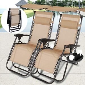 Vosson Folding&Adjustable Zero Gravity Lounge Chair 2 Pack Zero Gravity Chair for Patio Beach Outdoor Camping Pool Yard with Pillow&Canopy Shade&Cup Holder Tray(Tan)