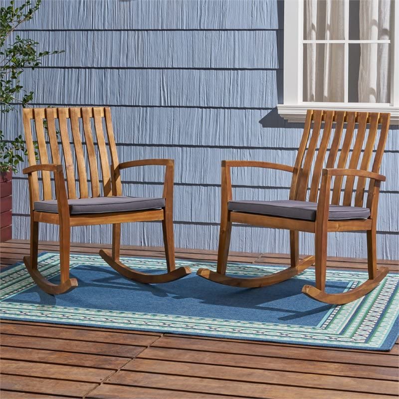 Colmena Outdoor Acacia Wood Rustic Style Rocking Chair with Cushions (Set of 2) - Teak and Dark Gray Finish