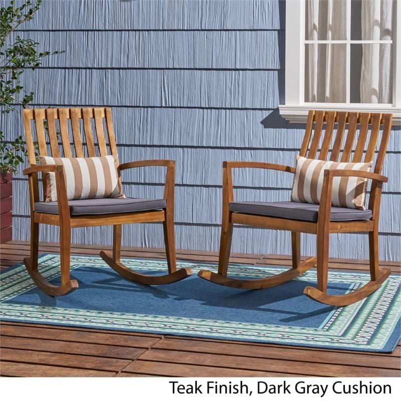 Colmena Outdoor Acacia Wood Rustic Style Rocking Chair with Cushions (Set of 2) - Teak and Dark Gray Finish