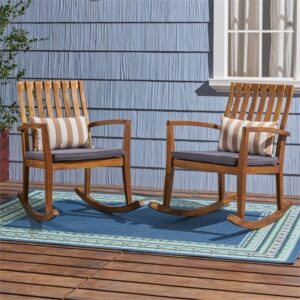 Colmena Outdoor Acacia Wood Rustic Style Rocking Chair with Cushions (Set of 2) - Teak and Dark Gray Finish