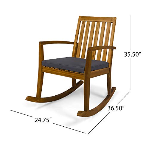 Great Deal Furniture Yvonne Patio Rocking Chair, Acacia Wood Frame, Traditional, Teak Finish with Dark Gray Cushions