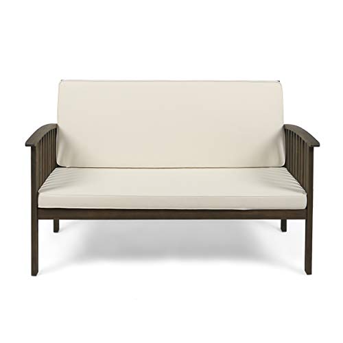 Great Deal Furniture Grace Outdoor Acacia Wood Loveseat, Gray Finish and Cream