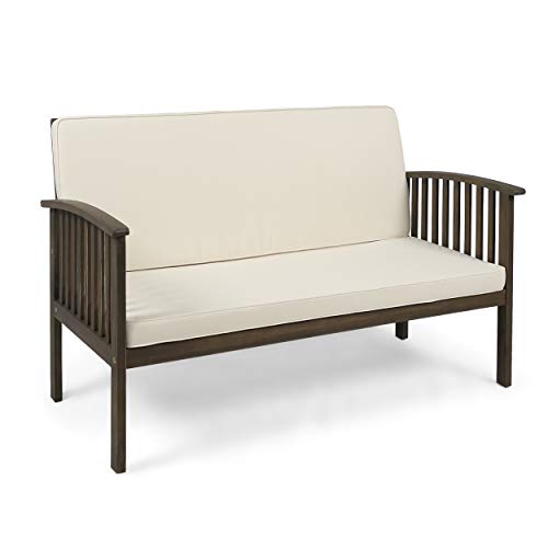 Great Deal Furniture Grace Outdoor Acacia Wood Loveseat, Gray Finish and Cream