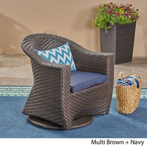 Christopher Knight Home 306023 Koch Outdoor Wicker Swivel Chair, Dark Gray, Multi Brown/Navy