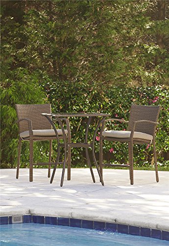 Cosco Outdoor 3 Piece High Top Bistro Lakewood Ranch Steel Woven Wicker Patio Balcony Furniture Set with Cushions, Brown