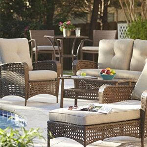 Cosco Outdoor 3 Piece High Top Bistro Lakewood Ranch Steel Woven Wicker Patio Balcony Furniture Set with Cushions, Brown