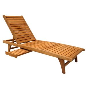 Leisure Season CL7111 Chaise Lounge with Pull-Out Tray - Brown - 1 Piece - Wooden Reclining Outdoor Furniture for Sunbathing, Relaxation - Great Patio, Pool Deck, Garden, Lawn or Beach Lounging Chair