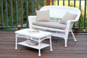 jeco wicker patio love seat and coffee table set with tan cushion, white