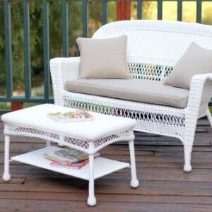 Jeco Wicker Patio Love Seat and Coffee Table Set with Tan Cushion, White