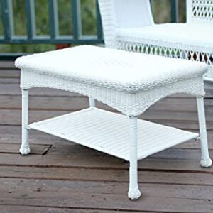 Jeco Wicker Patio Love Seat and Coffee Table Set with Tan Cushion, White