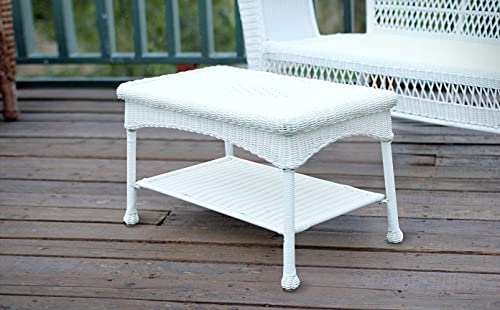 Jeco Wicker Patio Love Seat and Coffee Table Set with Tan Cushion, White