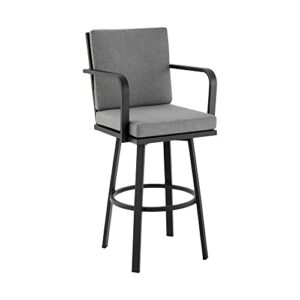 don 30″ outdoor patio bar stool in black aluminum with grey cushions