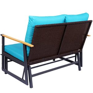 HARBOURSIDE Patio 2 Person Glider Bench with Turquoise Cushion, Ourdoor Rocking Loveseat Couch Rattan & Steel Frame Outside Furniture for Garden Porch Yard