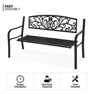 MoNiBloom Metal Bench Patio Benches for Outdoors, Iron Frame Antique Finish Park Bench with Armrests Lawn Porch Entryway Path Yard Decor Deck Furniture for 2-3 Adults Seat, Black