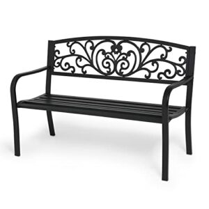 monibloom metal bench patio benches for outdoors, iron frame antique finish park bench with armrests lawn porch entryway path yard decor deck furniture for 2-3 adults seat, black