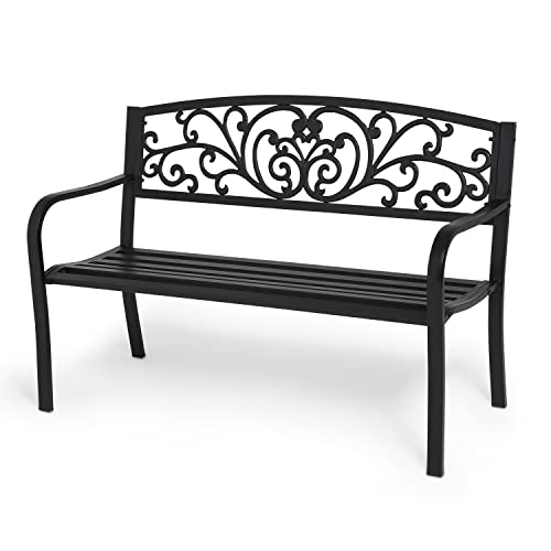 MoNiBloom Metal Bench Patio Benches for Outdoors, Iron Frame Antique Finish Park Bench with Armrests Lawn Porch Entryway Path Yard Decor Deck Furniture for 2-3 Adults Seat, Black