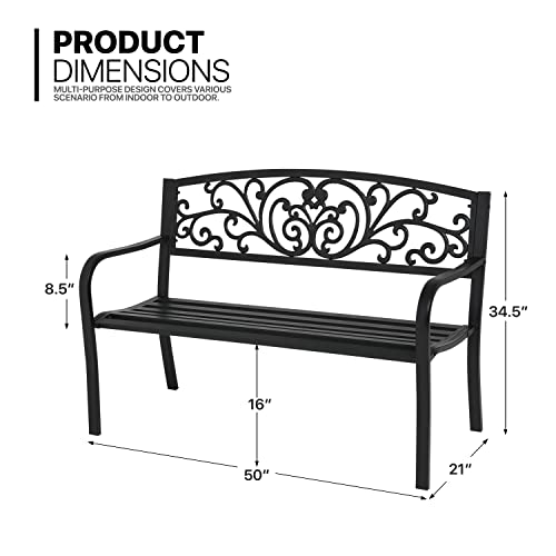 MoNiBloom Metal Bench Patio Benches for Outdoors, Iron Frame Antique Finish Park Bench with Armrests Lawn Porch Entryway Path Yard Decor Deck Furniture for 2-3 Adults Seat, Black