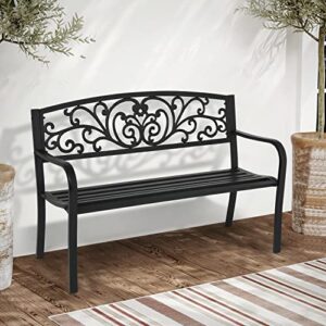 MoNiBloom Metal Bench Patio Benches for Outdoors, Iron Frame Antique Finish Park Bench with Armrests Lawn Porch Entryway Path Yard Decor Deck Furniture for 2-3 Adults Seat, Black