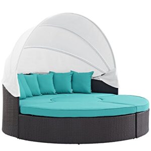 modway convene wicker rattan outdoor patio retractable canopy round poolside sectional sofa daybed with cushions in espresso turquoise