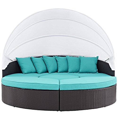 Modway Convene Wicker Rattan Outdoor Patio Retractable Canopy Round Poolside Sectional Sofa Daybed with Cushions in Espresso Turquoise
