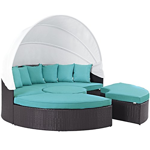 Modway Convene Wicker Rattan Outdoor Patio Retractable Canopy Round Poolside Sectional Sofa Daybed with Cushions in Espresso Turquoise