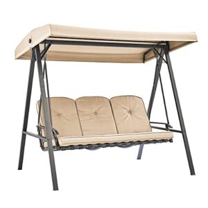 barton outdoor patio 3-person seating adjustable canopy swing chair bench with seat cushion, beige