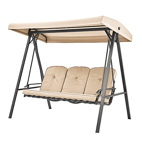 Barton Outdoor Patio 3-Person Seating Adjustable Canopy Swing Chair Bench with Seat Cushion, Beige