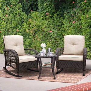 jp outdoor rattan rocking chair set of 3 with khaki soft cushion and coffee table, patio backyard garden living room all-weather resin wicker furniture