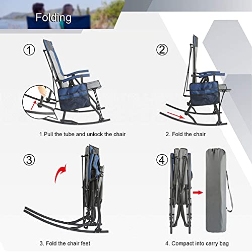 PORTAL Folding Camping Rocking Chairs Thicker Outdoor Patio Rocker Recliner Chairs Support 300 lbs, Blue