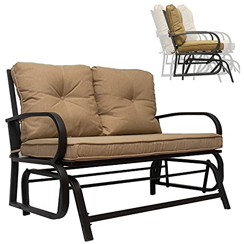 X&T Outdoor Porch Glider, Patio Glider Chair with 3.5 Inch Thick Cushion, 2 Seats Glider Benches for Outside, Garden Steel Frame Swing Rocker Seating, Khaki, (1)