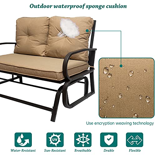 X&T Outdoor Porch Glider, Patio Glider Chair with 3.5 Inch Thick Cushion, 2 Seats Glider Benches for Outside, Garden Steel Frame Swing Rocker Seating, Khaki, (1)