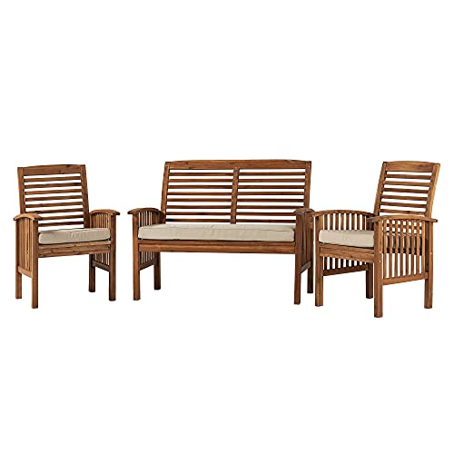 Walker Edison AZOWCHAT3PCBR Castellina Modern 3-Piece Solid Acacia Wood Patio Chat Set, Brown