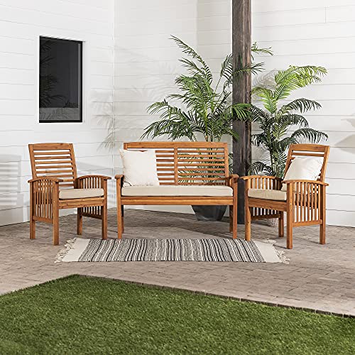 Walker Edison AZOWCHAT3PCBR Castellina Modern 3-Piece Solid Acacia Wood Patio Chat Set, Brown