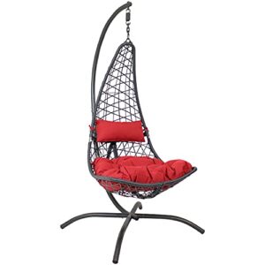 sunnydaze phoebe hanging lounge chair with stand and seat cushions – resin wicker outdoor basket swing chair with steel frame for patio, porch, balcony, backyard and garden – 79-inch – red