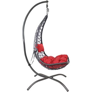 Sunnydaze Phoebe Hanging Lounge Chair with Stand and Seat Cushions - Resin Wicker Outdoor Basket Swing Chair with Steel Frame for Patio, Porch, Balcony, Backyard and Garden - 79-Inch - Red